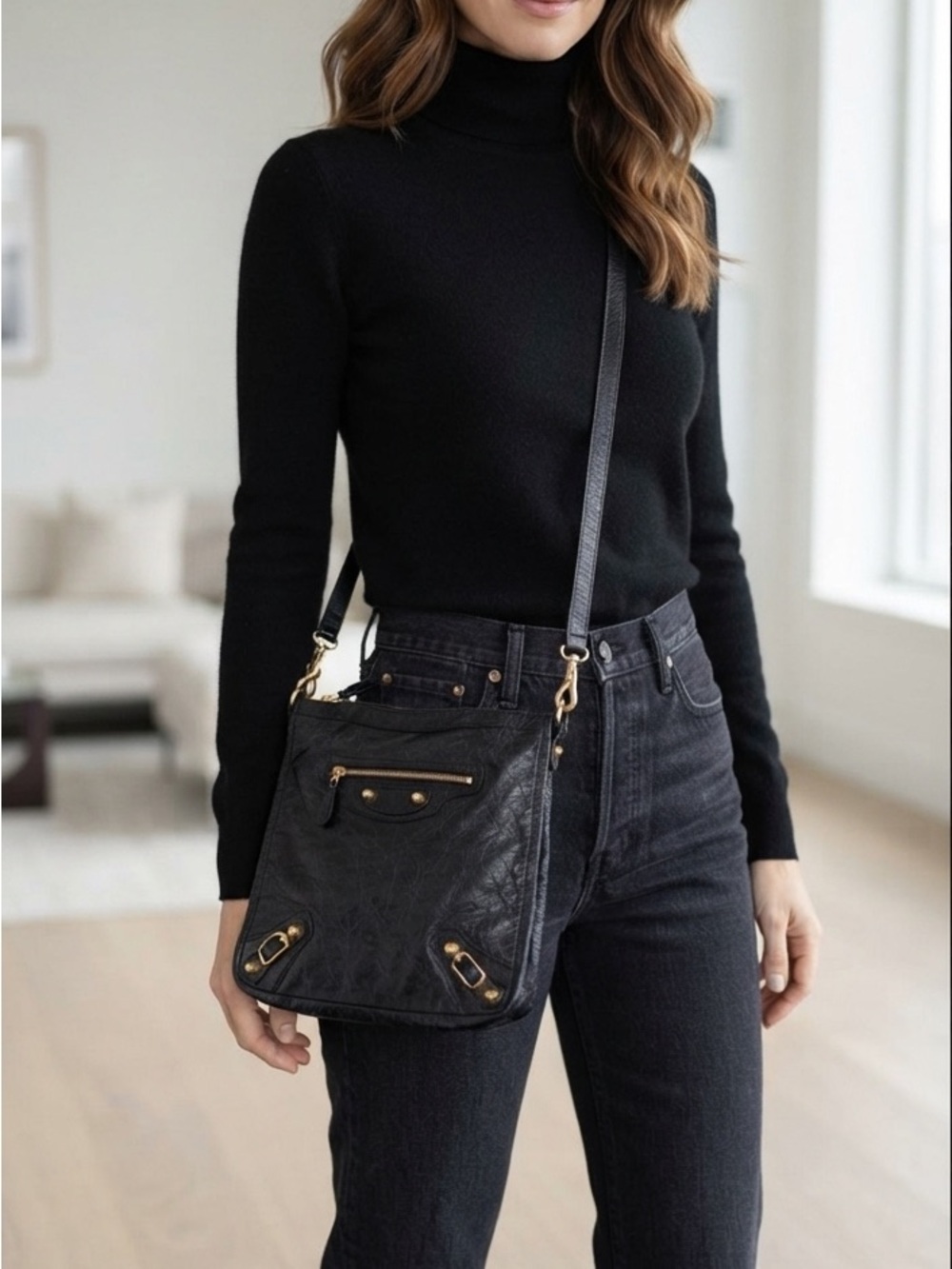 Balenciaga Black Leather Crossbody with Gold Hardware